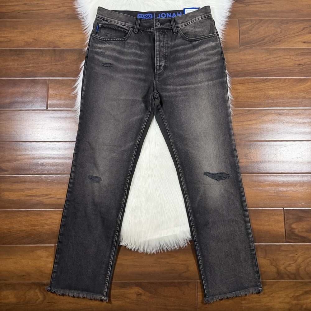Hugo Boss Mens Size 34 X 32 Wash Black Jonah Straight Fit Denim Jeans Frayed Hem
